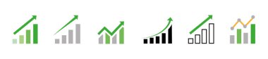 Büyüyen grafik seti. Oklu iş çizelgesi. Büyüme grafikleri koleksiyonu. Kar giderek artıyor. İlerleme çubuğu. Bar diyagramı. Büyüme başarısı ok simgesi. İlerleme sembolü. Tablo artışı, hisse senedi vektörü.