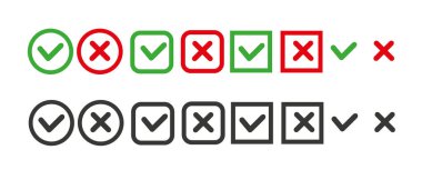 Web tasarımı için işaretleme simgeleri ayarlandı. V düğmesini kabul et, Ui tasarımı için x çapraz düğmesini reddet. Kırmızı ve yeşil arka planı olan düz düğmeler. Doğru ve yanlış seçenekleri olan test soruları için yanıtlar.