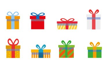 Hediye kutuları, beyaza izole edilmiş hediyeler. Renkli paketlenmiş. Satış, alışveriş konsepti. Doğum günü koleksiyonu, Noel. Vektör Çizgi Filmi için düz tasarım