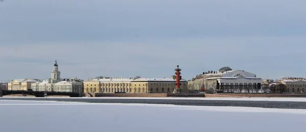 美しい冬の街並み ロシアのサンクトペテルブルクの歴史的な都市中心部 クンストカメラの建物の眺め ネヴァ川の氷の流れ — ストック写真