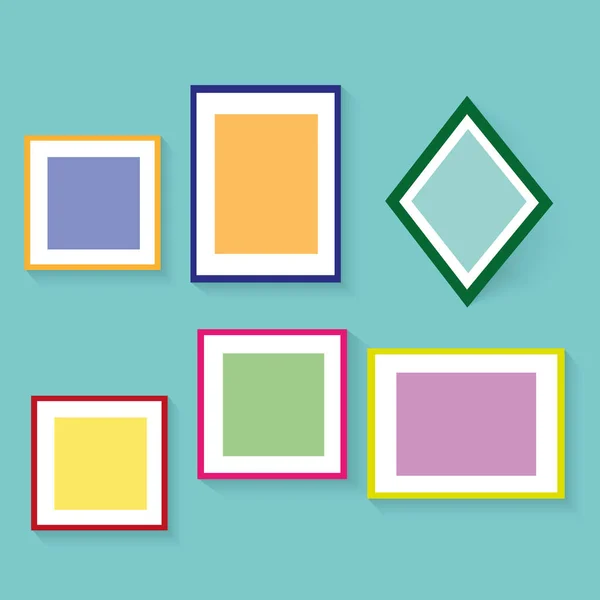 stock vector Colorful empty photo frame set hanging on grey wall - blank realistic mockup collection. Rectangle picture borders for gallery exhibition, vector illustration.