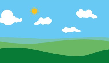 Düz tasarım, beyaz bulutlar ve parlayan güneşli açık mavi gökyüzünün altında yeşil çimenli tepeli yaz dağ manzarası. 