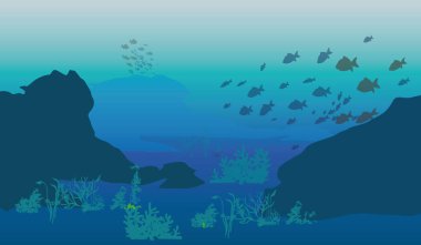 Mavi denizde balıklı mercan resiflerinin silueti ve enkaz. Vektör doğa çizimi. Deniz altı yaşamı.