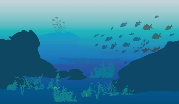 Силуэт Кораллового Рифа Рыбами Обломками Дне Голубого Моря Векторная Иллюстрация — стоковый вектор