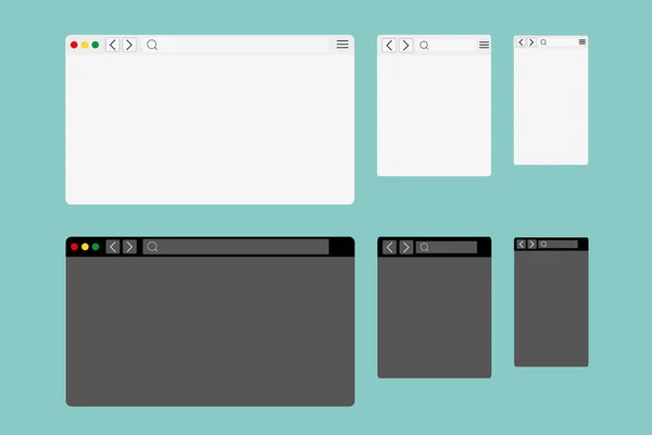 Web tarayıcı pencere modeli açık ve koyu modern düz tasarım. Yeşil kilidi ve favori simgesi olan bilgisayarın web sayfası. Tarayıcının masaüstü, tablet ve mobil şablonu. Vektör EPS 10