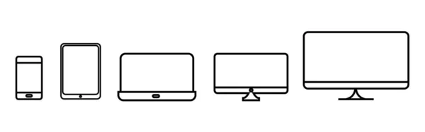 Urządzenia Ikony Linii Związanych Elektroniką Komputery Telefony Komórkowe Wektorowy Zestaw — Wektor stockowy