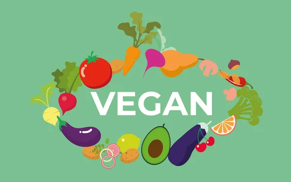 Wortvegan Umgeben Von Frischem Gemüse Obst Und Einer Salatschüssel Veganes — Stockvektor