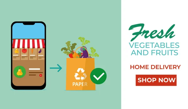 Frisches Gemüse Und Obst Direkt Vom Bauern Online Kaufen Smartphone — Stockvektor