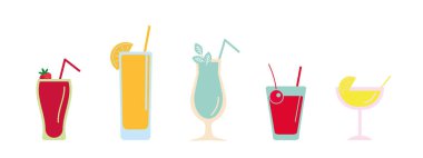 Kokteyller hazır. Alkolik kokteyl ikonları. Martini kokteyli. Set martini, mojito, viski ve şarap içeriyor. Cam tabelası iç. Restoran, bar, bar için simgeler ayarlandı.