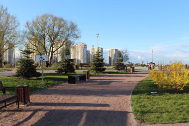 Yeşil çimenli, ağaçlı ve mavi gökyüzü arka planında mimarisi olan güzel bir park manzarası.