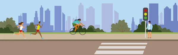 도시의 거리를 다니는 사람들 보행자 자전거타는 수평의 시민들 시내의 보도를 — 스톡 벡터
