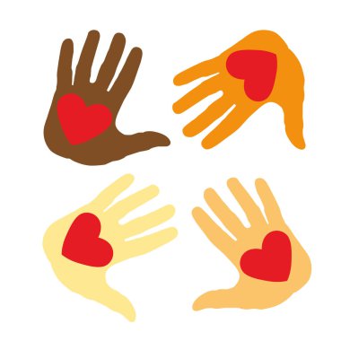 Gönüllü ve bağışta bulunan düz vektör çizimi. Gönüllüler, avuçlarında kalp tutan sosyal görevliler. Çocuklar el kaldırıyor. Çok ırklı toplum birliği, birliktelik. Sadaka, koruyucu aile, sosyal yardım.