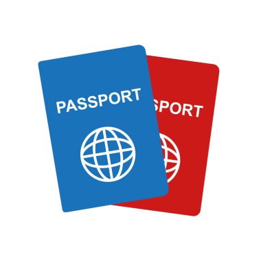 İki gerçekçi uluslararası pasaport kimliği. Kimlik tespiti için pasaport. Seyahat ve tatil için küresi olan kırmızı ve mavi bir belge. Seyahat konsepti. Vektör illüstrasyonu