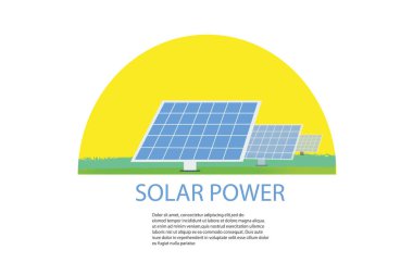 Güneş pillerinin görüntüsü, yenilenebilir güneş enerjisi konsepti afişi düz stil