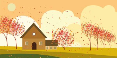 Autumn landscape of farm field with orange sky,Wonderland of Mid Autumn in countryside with cloud sky and Sun,Mountain,grass land in Orange foliage,Vector banner for fall season or Autumnal background