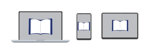 電子書籍のアイコンマークとコンピュータ タブレットやスマートフォンのライン描画ベクトル図黒と白の材料セット — ストックベクタ