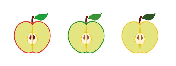 Jablka Sada Červených Zelených Pokousaných Půlky Ovoce Listím Vektorová Ilustrace — Stockový vektor