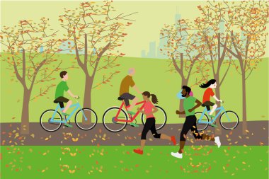 İnsanlar güzel sonbahar kentsel rahatlatıcı yürüyüş binicilik bisiklet ve iletişim Park