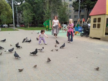 Küçük bir kız güvercinleri elleriyle besliyor, Park Meydanı 'nın kaldırımlarına ekmek kırıntıları saçıyor, aç şehir kuşları daireler çiziyor ve insan yemeği yiyor.