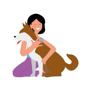 Bir kadın köpeğine sevgiyle ve sevgiyle sarılır. İnsanlar ve evcil hayvanları arasındaki ilişki kavramı. Evlat edinme.