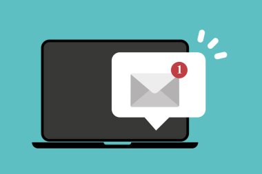 Laptop ekranında yeni mesaj var. Okunmamış bildirim. Çevrimiçi sohbet. E- posta kutusu bildirimi. Yeni mesajla birlikte zarf. E-posta pazarlama, internet reklamcılığı konsepti. Vektör illüstrasyonu