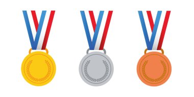 Spor uygulamaları ve web siteleri için kurdele düz vektör ikonlarıyla altın, gümüş ve bronz madalyalar