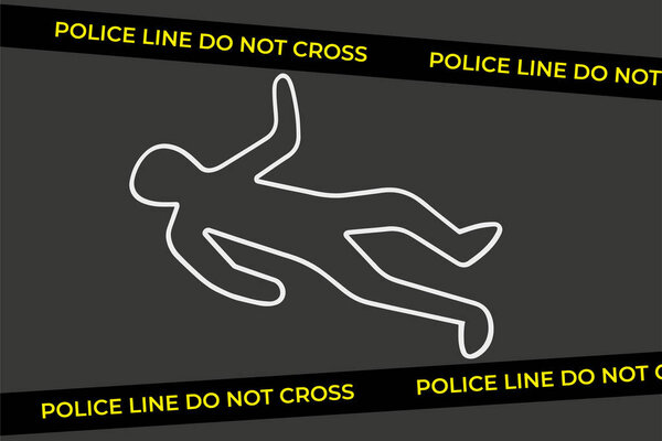 классическое место преступления с белым очертанием тела. концепция границы мертвого мужчины или женщины и желтая лента как граница инцидента. плоский линейный стиль современный графический дизайн