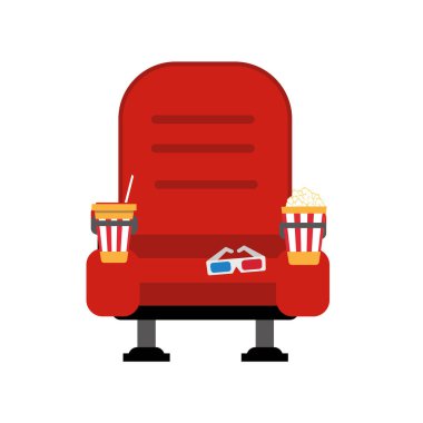 Sinema koltukları patlamış mısır, içki ve bardaklarla dolu. Sinema koltukları illüstrasyonu. Ayrı nesneler