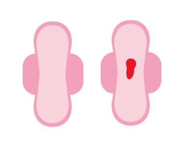 Beyaz arka planda izole edilmiş günlük hijyenik ped, patoloji veya regl kanı ve temiz ikon seti. Peçetede kadın kanı kaybı var. Düz tasarım vektörü kadın hijyen konsepti çizimi.