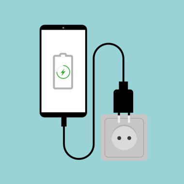 Akıllı telefon şarj aleti adaptörü ve elektrik prizi, şarj pili bildirimi, düz tasarım illüstrasyon