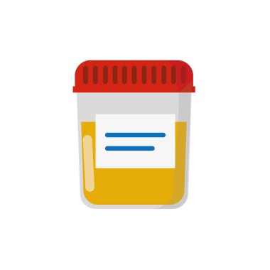 İdrar tahlili. İdrar testi ikonu. Plastik bir kutuya idrar örneği. Cam bir tüpte tıbbi örnek. Laboratuvar konteyneri. Vektör illüstrasyonu