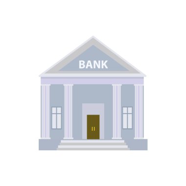 Beyaz bir geçmişe sahip banka binası, banka finansmanı, para değişimi, finans hizmetleri, ATM, para verme. Vektör düz resimleme