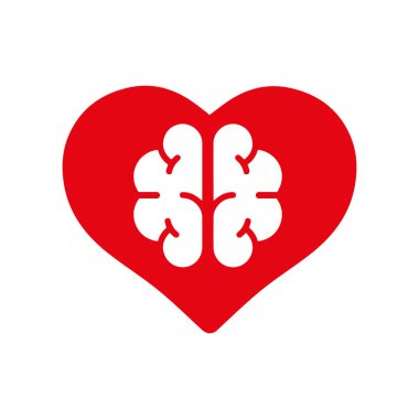 Beyin ve kalp arka planda izole edilmiş. Beyin aşık olmuş. Duygular ve rasyonellik arasındaki çatışma. Simge ya da logo. Kırmızı renk. Basit modern tasarım. Sevgililer Günü.