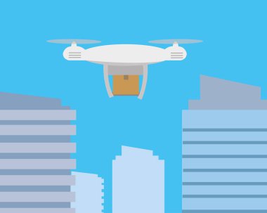 Karton kutulu kargo uçağı şehrin üzerinde uçuyor. Quadcopter müşteriye bir paket taşıyor. Teknolojik sevkiyat yeniliği. Drone dağıtım servisi
