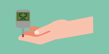 Diyabet kavramı, elinde tuttuğun adam kan şekeri seviyesini ölçer. Kan damlası testi şeridi. Evde tıbbi teşhisler. Vektör illüstrasyon düz tasarım.