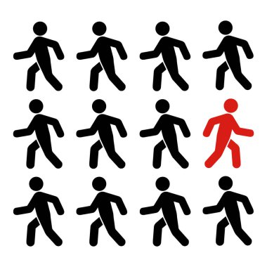 Farklı düşünüyor: Benzersiz ve farklı, aynı siyahlara karşı ters yönde hareket eden kırmızı bir adam. Cesaret, güven, başarı, kalabalık ve yaratıcılık kavramı.