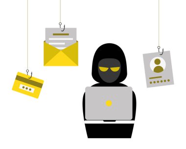 Hacker gizli bilgileri, kişisel bilgileri ve kredi kartı detaylarını çalıyor. Hackleme kavramı.