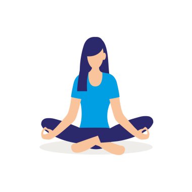 Lotus 'ta oturan genç kız evde poz veriyor. Yoga, meditasyon, sağlıklı yaşam tarzı yapan bir kadının vektör çizimi. Bacak bacak üstüne.