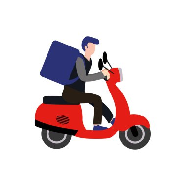 Kırmızı scooter çizimine binen teslimatçı. Fast food dağıtım adamı vektörü