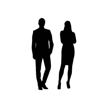 Bir kadın ve erkeğin vektör siluetleri, bir çift ayakta iş adamı, beyaz arka planda izole siyah renk