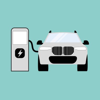 Elektrikli araba istasyon vektör konseptini şarj ediyor. Elektrikli araç şarj enerjisi arkaplan neon pil çizimi