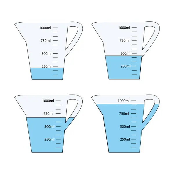 stock vector Set of empty and water filled measuring cups with 1 liter volume. Liquid containers for cooking or chemical experiment with fluid capacity scale isolated on white background.