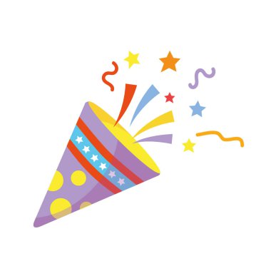 Konfeti partisi ikonu, havai fişek logosu, kep, düz tasarım. Vektör illüstrasyonu beyaz arkaplanda izole edildi.