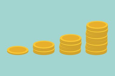 Altın sikke seti. Farklı yığınla altın para, nakit ya da hazine. Banka ve finans. Yatırım, kâr veya kazanç. Uzayı kopyala Koleksiyon yeşil arkaplanda izole edildi