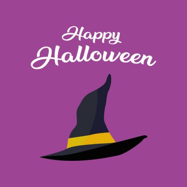 Cadılar Bayramı tebrik kartı. Mor arka planda cadı şapkası. Çizgi film ve düz stil kayışlı geleneksel Cadılar Bayramı cadı şapkası.