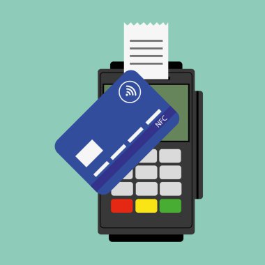 Ödeme için mobil ve pos terminali olan kredi kartı izole edildi. NFC ödemesi. Akıllı telefon ya da bankamatik kartıyla ulaşılamaz ödeme simgesi. Musluk makinesi çalışıyor. Vektör.