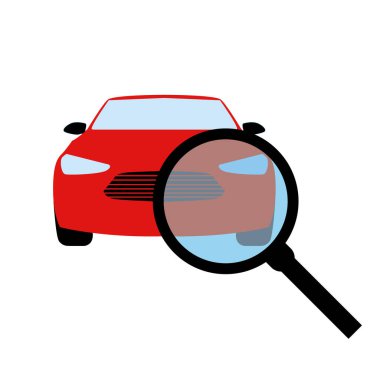 Teknik denetim araba simgesi, aracı olan büyüteç, otomatik arama, beyaz arkaplanda sembol