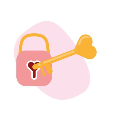 Sevimli Sevgililer Günü bayrağı. Kalp kilidi ve kanatlı anahtar. Kalbini aç..