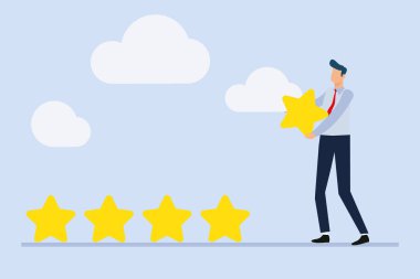 Müşteriler açık mavi arkaplanda beş yıldız derecesi ve pozitif geribildirim düz illüstrasyon bırakır