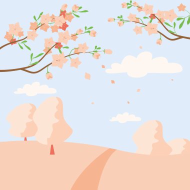 Merhaba kaynak! Kiraz çiçeklerinin olduğu bir manzara. Kiraz çiçekleriyle dolu pembe bir arka planın vektör çizimi.